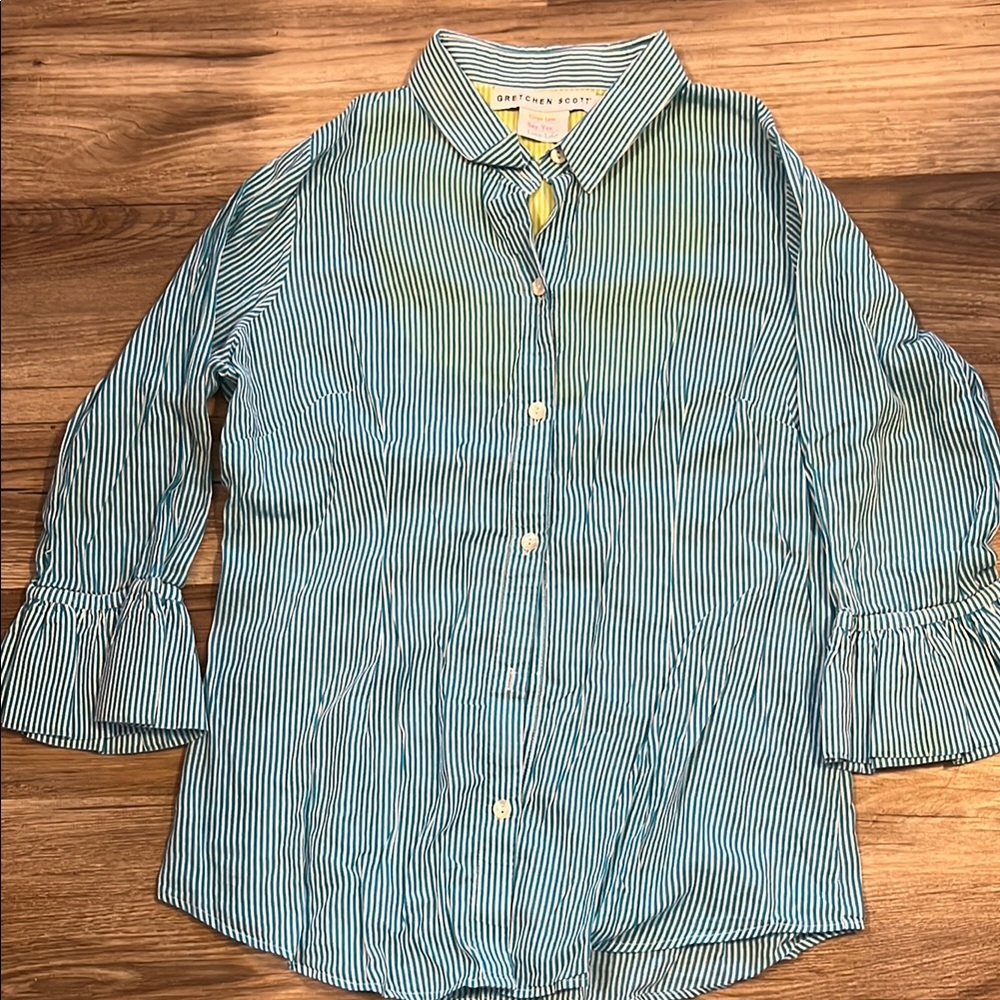 Gretchen Scott Designs Teal and White Vertical Stripe Button-Down Shirt